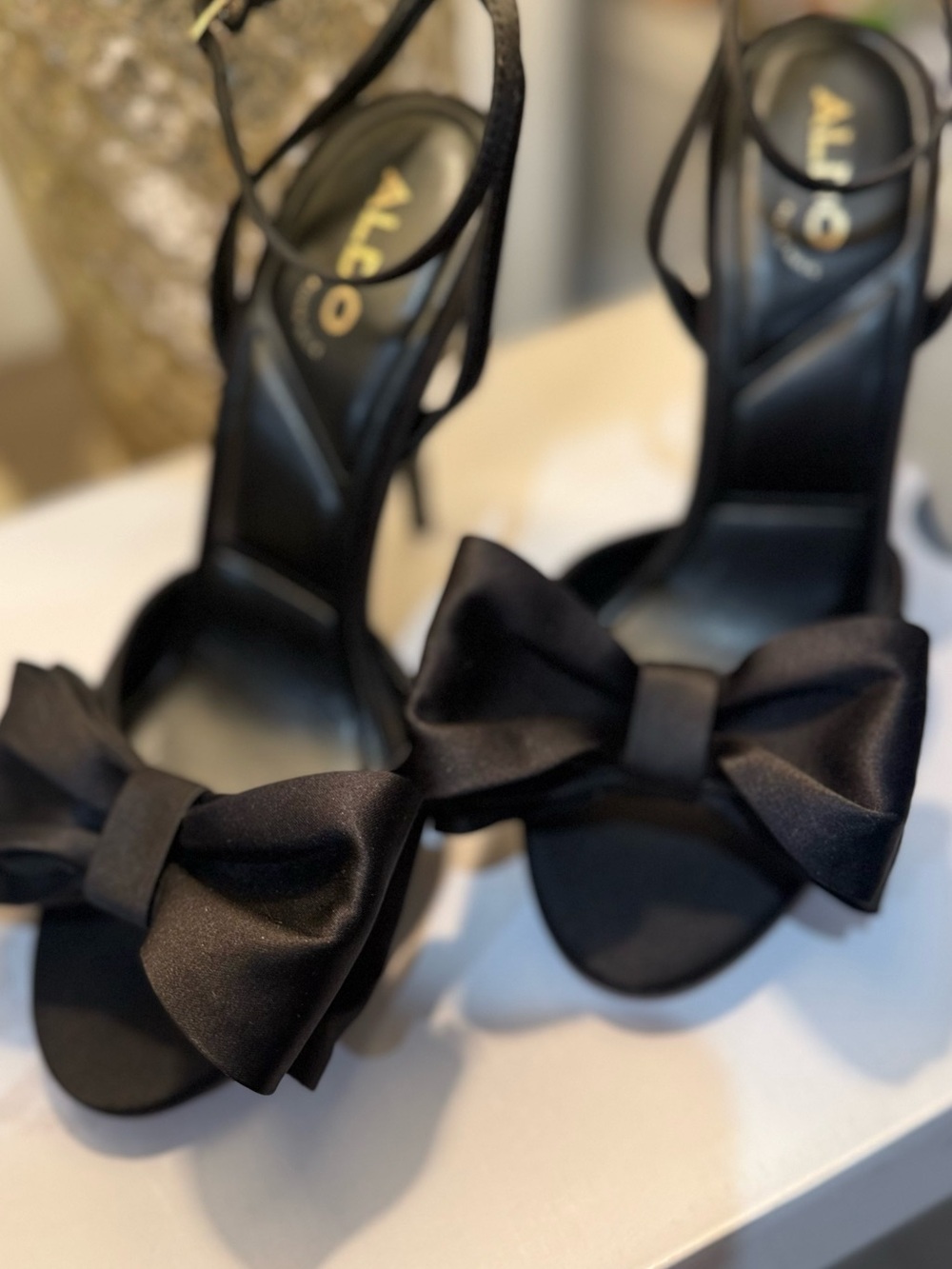 NEW Aldo Tinsletta Black Satin Bow Heels Size 7 Ankle Strap Stiletto - Picture 6 of 7